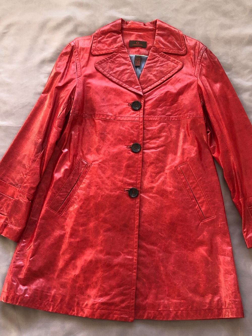 Danier Red Trench Style Leather Coat - Picture 1 of 8